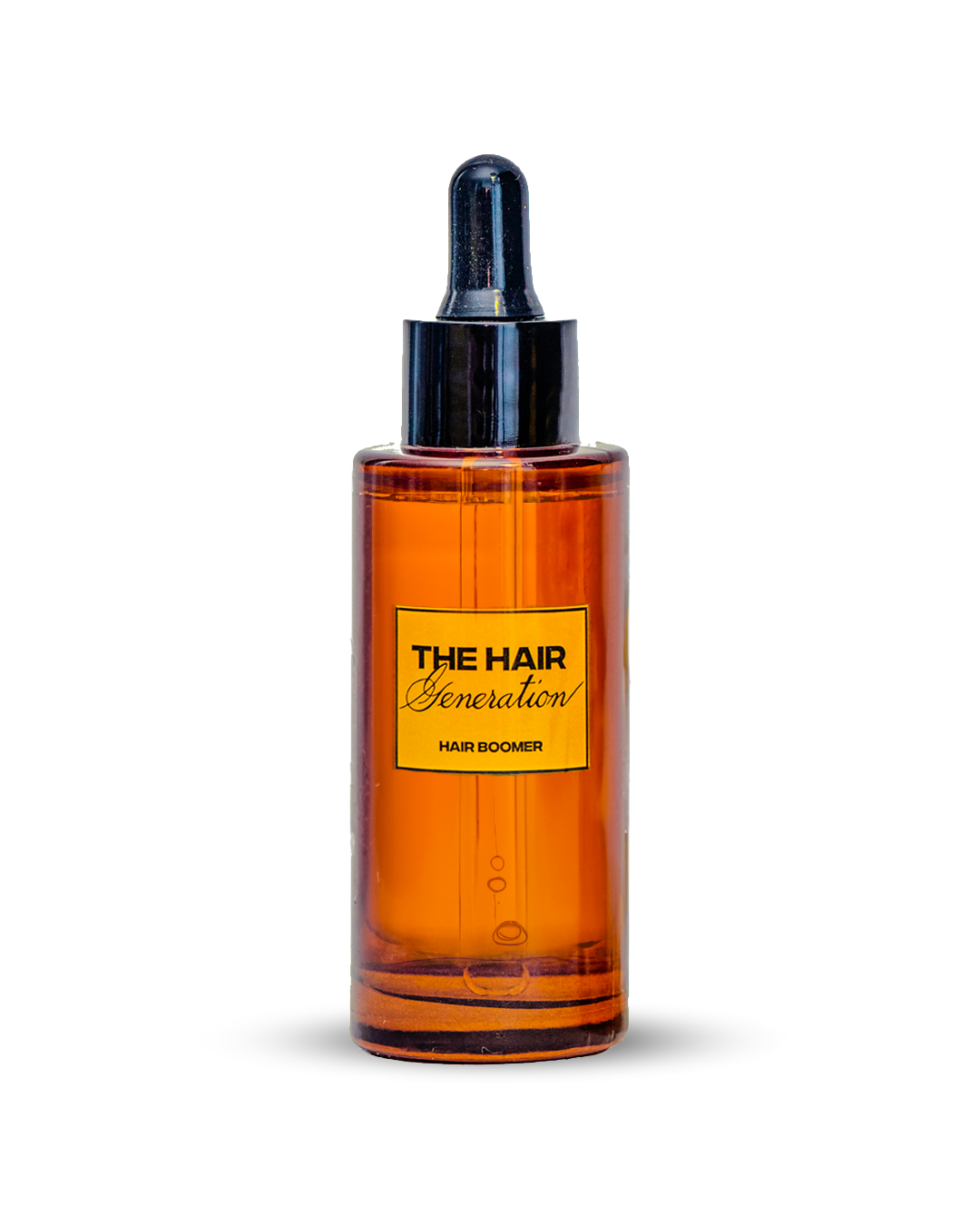 Amber glass bottle with black cap on a white background, featuring 'The Hair Generation' label.