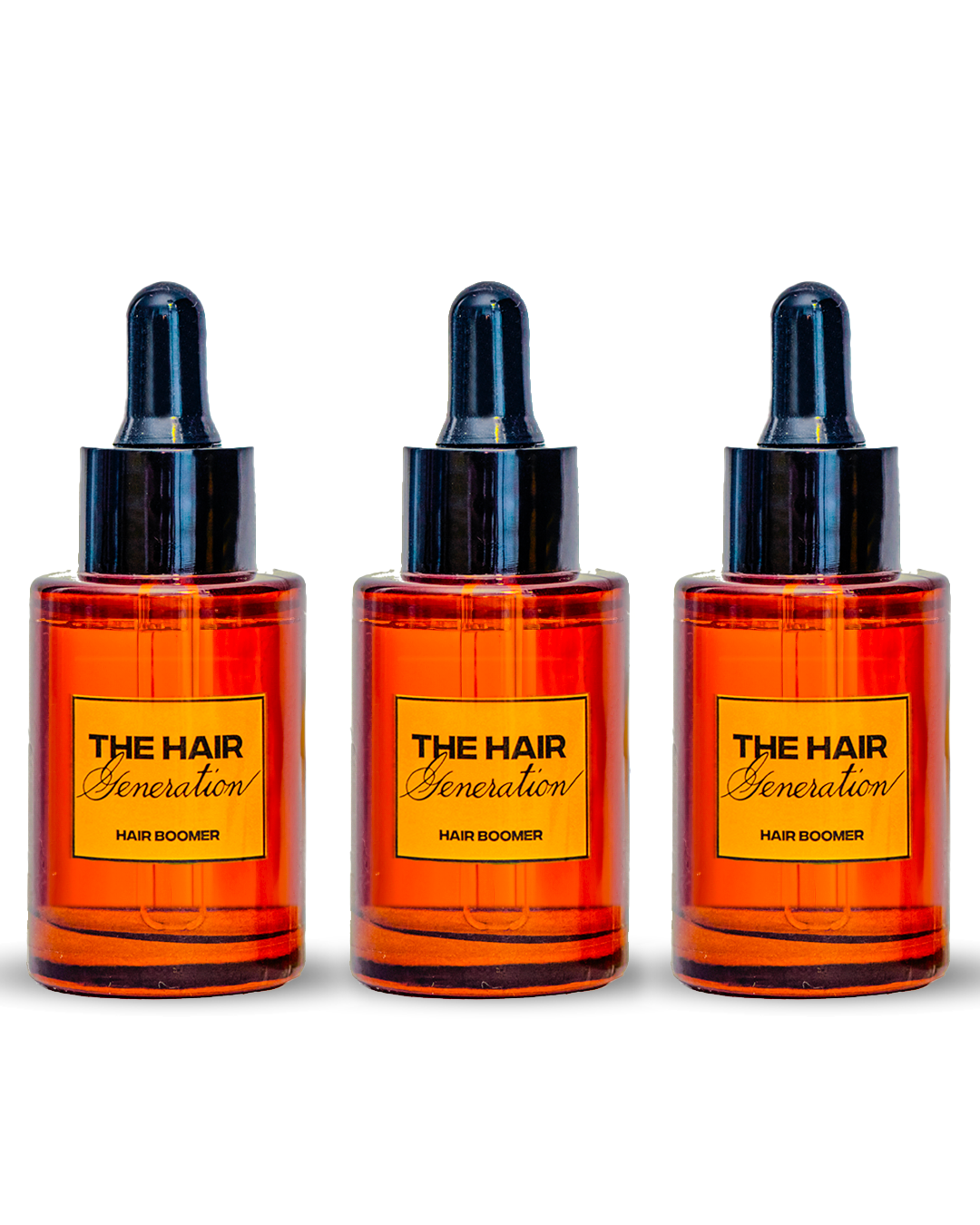 Three bottles of 'The Hair Generation' Hair Boomer product on a white background