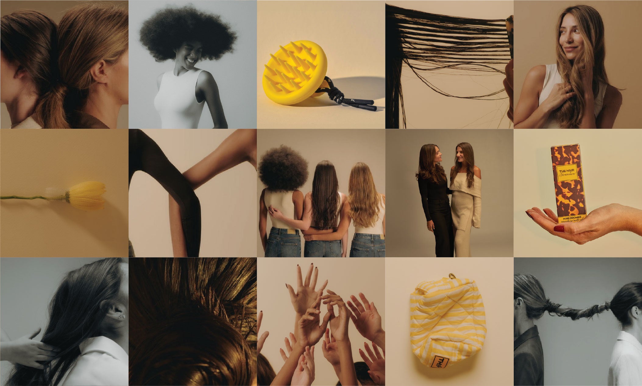 Collage of various images including people, a yellow object, and hands with a neutral background.