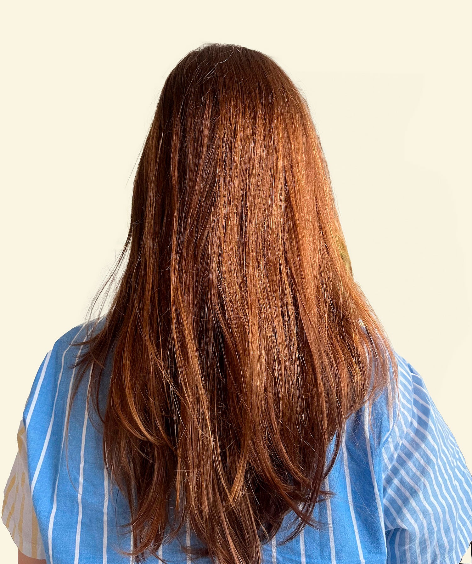 Person with long, straight brown hair wearing a blue striped shirt on a beige background